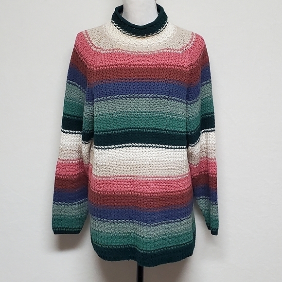 VINTAGE 80s Pastel Stripe Chunky Knit Mock Neck Cropped Sweater Paris Sport Club - Picture 4 of 14